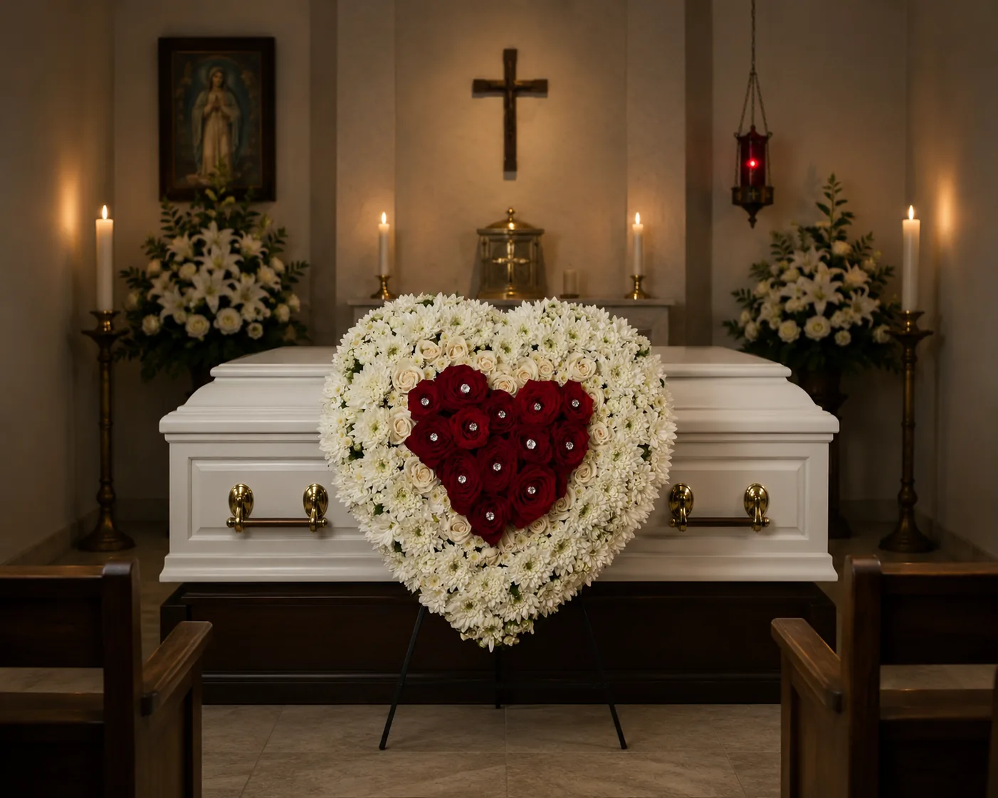 White Chrysanthemum Heart with Red Roses
