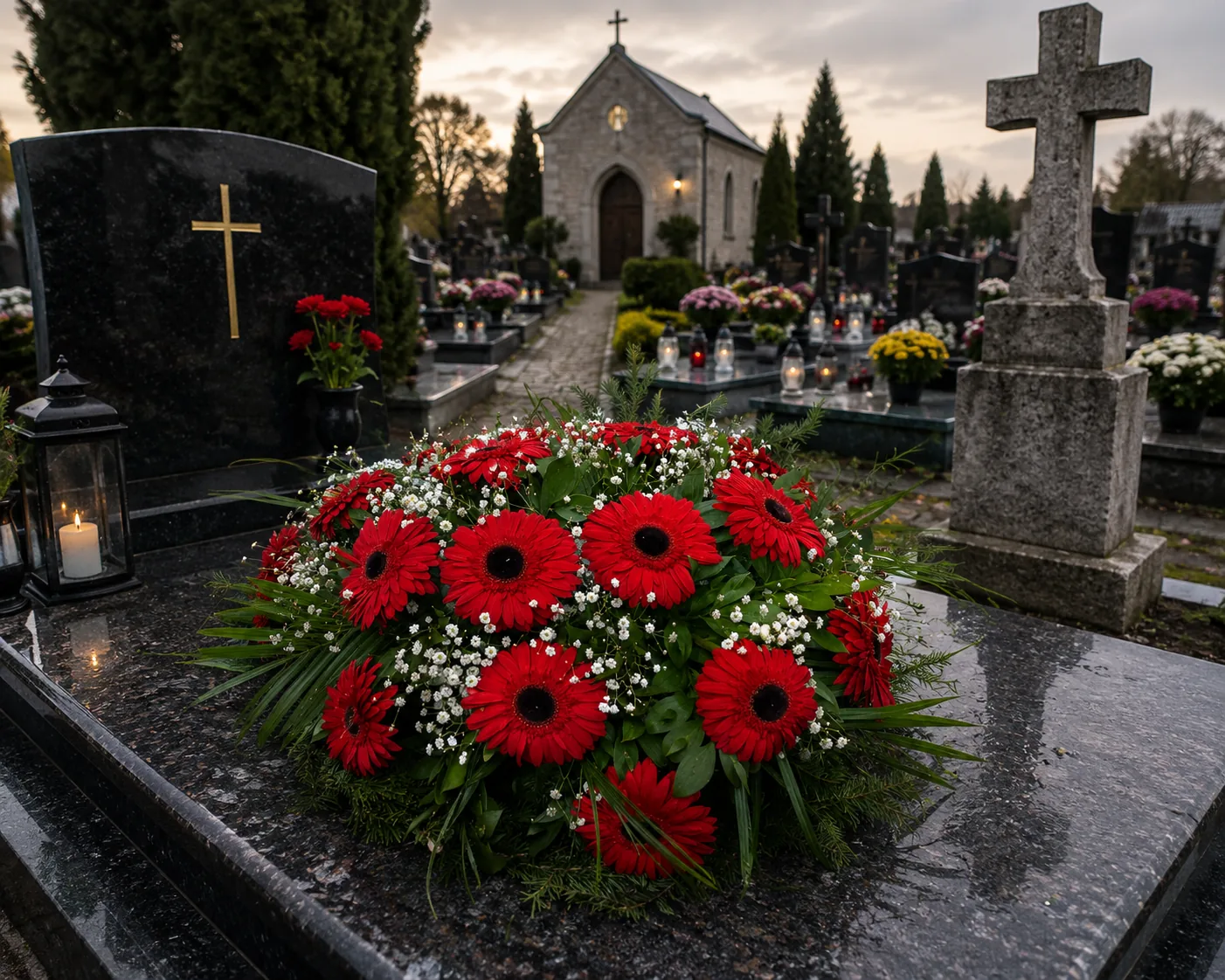 Red Gerbera Grave Arrangement