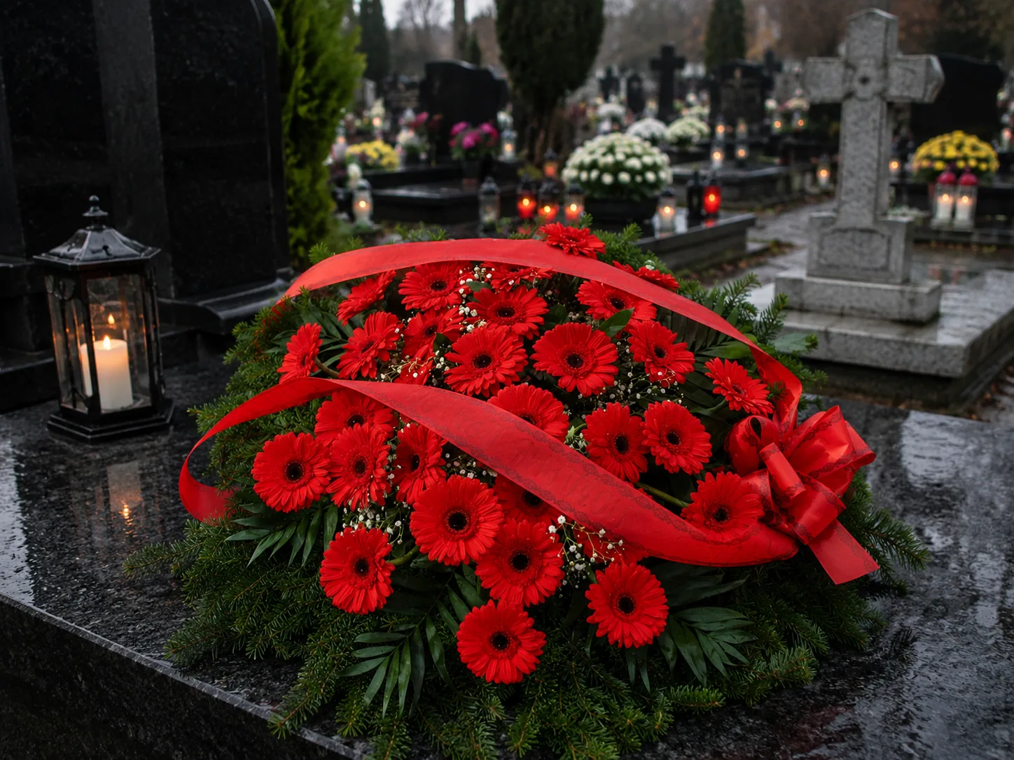 Red Gerbera Wreath with Ribbon